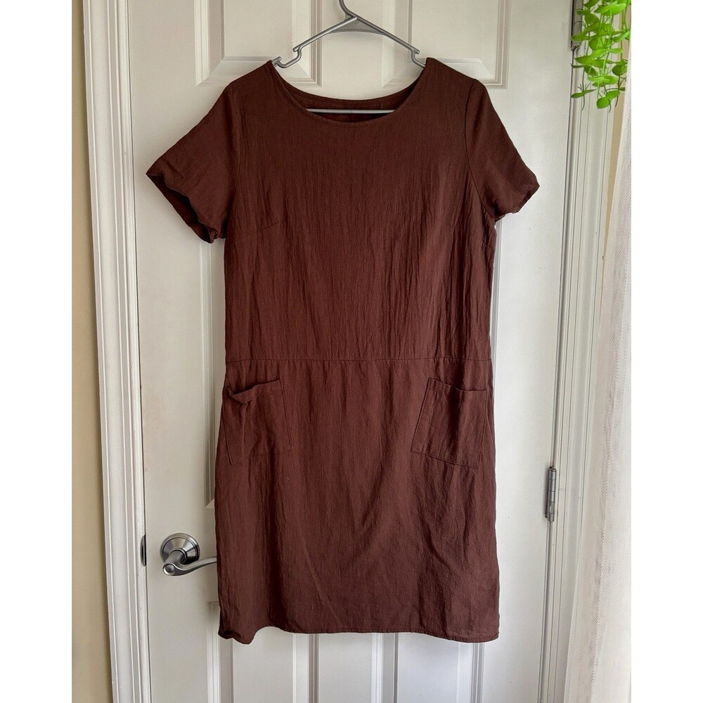Women’s Brown Solid Shift Dress Size S Regular Woven Knee Length Pockets